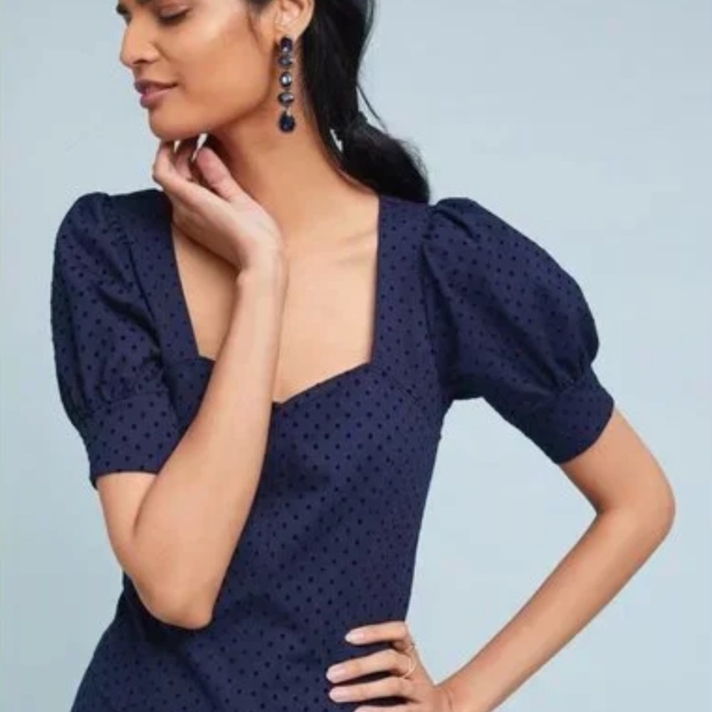 Maeve (Anthropologie) Navy Polka-Dot Puff-Sleeve Top • Square Neck • Size Small